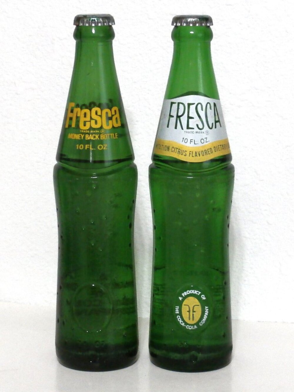 2 Vintage FULL FRESCA Glass Soda Pop Returnable Bottles 10 Oz. Different Labels